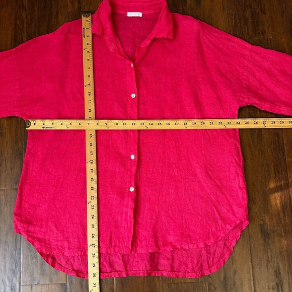 ITALY MADE 100% Linen Roll-Tab Sleeve Gauze Button-Up Shirt in Hot Pink - Picture 12 of 12